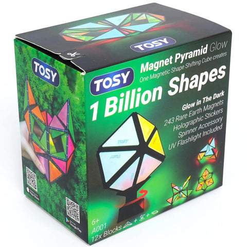 Glow In The Dark Magnet Pyramid Cube 12 Piece With 243 Rare Earth Magnets box showing 1 billion shapes in color