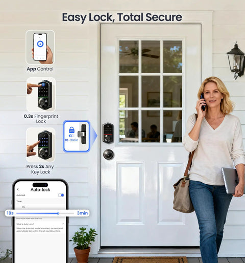 Top Shelf Keyless Entry Smart Door Lock With Lightning Quick Fingerprint Scanning And Smooth App Pairing Featuring Custom Auto Lock Timing Plus Heavy Duty Matte Black Knob Set For Bulletproof Front Door Protection