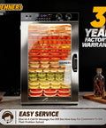 Workhorse Commercial Food Dehydrator Featuring 18 Spacious Stainless Trays And 1100 Watt Heat For Swift Meat Jerky Drying Plus Zero Hassle Digital Controls And Automatic Safety Shutoff, loaded with fruits.