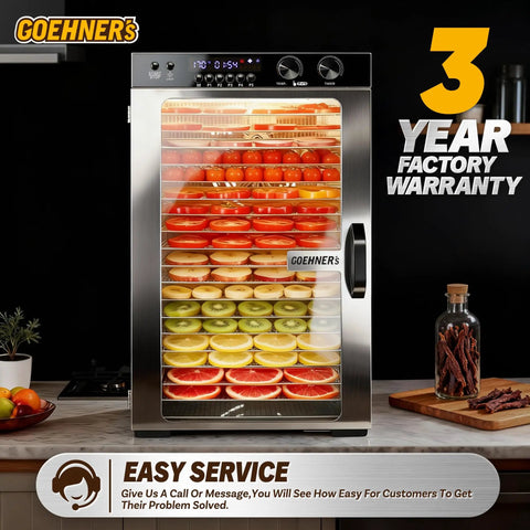 Workhorse Commercial Food Dehydrator Featuring 18 Spacious Stainless Trays And 1100 Watt Heat For Swift Meat Jerky Drying Plus Zero Hassle Digital Controls And Automatic Safety Shutoff, loaded with fruits.