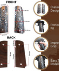 WWII M1911.45 ACP Wooden Grips Indian Rosewood Dalbergia Sissoo, Republic Of Texas Design, shown front and back with dimensions