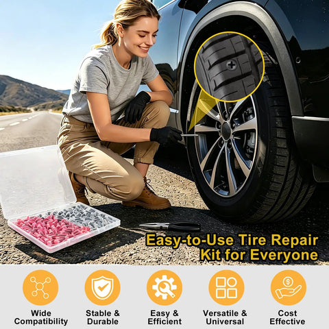 76 Piece Tire Repair Kit With Premium Spiral Screw In Plugs, Two Plug Sizes, Screwdriver And Pliers being used on car tire