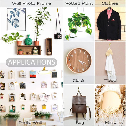 Collage of home decor uses: wall photo frame, potted plant, clothes, clock, towel, photo wall, bag, and mirror display.