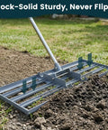 Lawn Leveling Rake 30x10 Inch with stainless steel handle used on soil, emphasizing rock-solid sturdy design