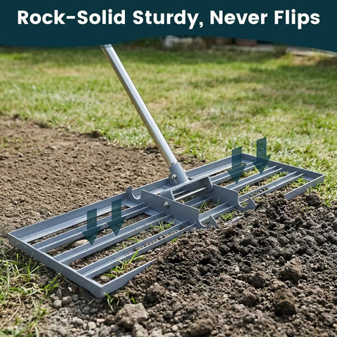 Lawn Leveling Rake 30x10 Inch with stainless steel handle used on soil, emphasizing rock-solid sturdy design