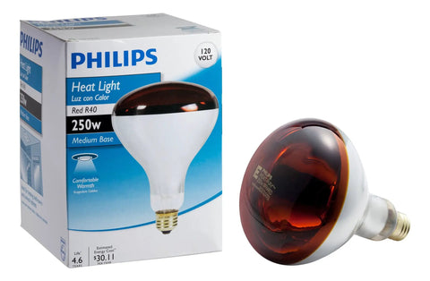 Infrared 250W R40 Red Heat Lamp Bulb Four Pack for Pets and Poultry, 120V Medium Base shown with product packaging