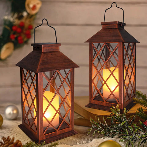 Two Pack 14 Inch Solar Lantern For Outdoor Garden Hanging Use Waterproof LED Flickering Flameless Candles with warm glow