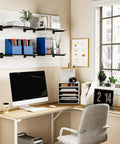 Six Shelf Wood Slatwall Shelves Kit With 12 Steel Brackets for garage and home, installed above a desk with office supplies.