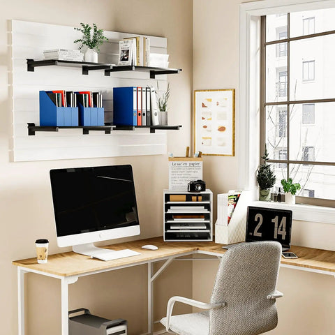 Six Shelf Wood Slatwall Shelves Kit With 12 Steel Brackets for garage and home, installed above a desk with office supplies.