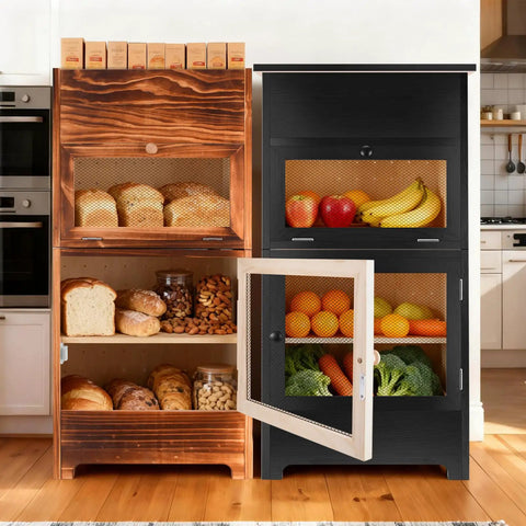 Two In One Wooden Potato And Onion Storage Bin With Lid And Mesh Doors Stackable Bread And Vegetable Cabinet For Kitchen Space Saving Rustic Pantry Organizer For Potatoes Onions Fruit And More in a kitchen setting