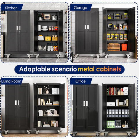 61 Inch Tall Metal Garage Storage Cabinet With Rolling Tool Cabinet Locking Two Doors And Wheels, displayed in various environments.