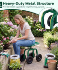All Terrain Garden Cart With Swivel Seat Rolling Work Stool in use, showing green seat and black heavy duty castors in garden