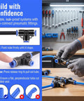 Get This Awesome QITUO 60 Pc Air Fitting Kit With Fast Push To Connect Design For Compressors And Pneumatic Tools In 8 Sizes Including 1/4 inch And Metric Options To Make Your Job Much Easier. black plastic brass push-to-connect air fitting with blue tube in workshop