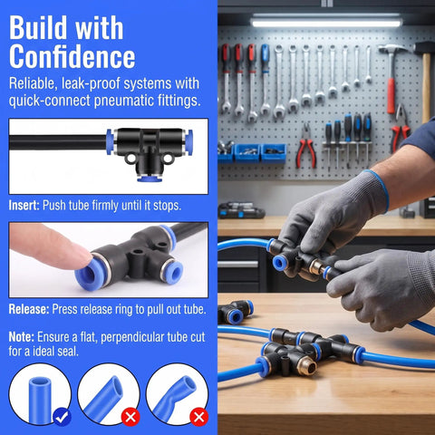 Get This Awesome QITUO 60 Pc Air Fitting Kit With Fast Push To Connect Design For Compressors And Pneumatic Tools In 8 Sizes Including 1/4 inch And Metric Options To Make Your Job Much Easier. black plastic brass push-to-connect air fitting with blue tube in workshop