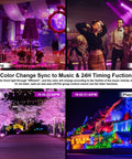 Outdoor Dope RGB Flood Light Kit With Bluetooth App Control, 8000 Lumens, 4 scenes showing color-changing effects.