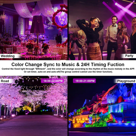 Outdoor Dope RGB Flood Light Kit With Bluetooth App Control, 8000 Lumens, 4 scenes showing color-changing effects.