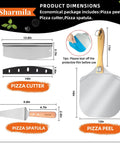 Product dimensions of 12 Inch Aluminum Pizza Peel with Foldable Wooden Handle, Includes Rocker Cutter and Metal Spatula, Easy Storage.
