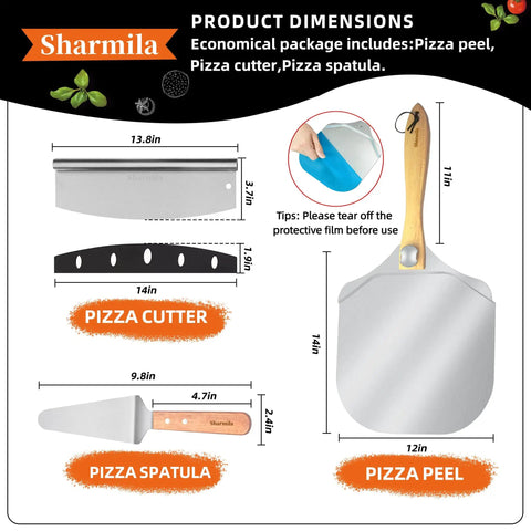 Product dimensions of 12 Inch Aluminum Pizza Peel with Foldable Wooden Handle, Includes Rocker Cutter and Metal Spatula, Easy Storage.