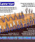 Versatile 20 Piece Pliers Set With Black Carry Case For Pros, Techs, Homeowners And DIY Enthusiasts displayed on a wooden surface.