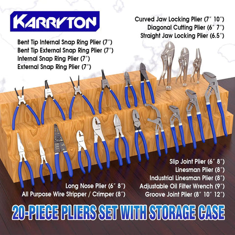 Versatile 20 Piece Pliers Set With Black Carry Case For Pros, Techs, Homeowners And DIY Enthusiasts displayed on a wooden surface.
