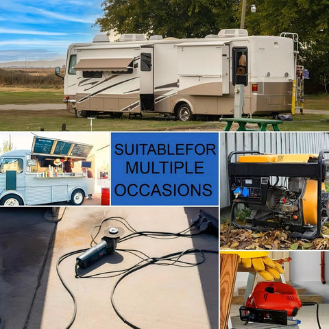 Collage of RVs, generators, food truck, and tools showcasing usage for 12V Round Rocker Switch On Off SPST Prewired 2 Pin DC Power Toggle.