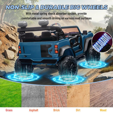 Rear view of 2 Seater Ride On Car For Kids 24V Licensed Ford Bronco Raptor Electric Ride On Truck showing big wheels and shock absorption