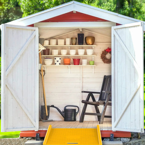 Open shed with yellow Heavy Duty Portable Curb Ramp With 1000lb Capacity For Furniture Dollies Hand Trucks And Moving Carts