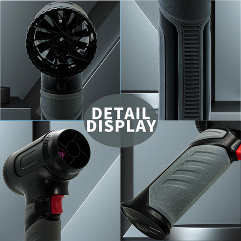 Close-up details of Cordless Car Dryer Air Blower 680 CFM Jet Turbo Fan, brushless motor, ergonomic grip, nozzle design.