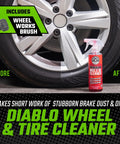 14 Piece Car Wash Arsenal Builder Kit With Foam Blaster Wash Bucket Towels Applicators And 16 Oz Soaps Waxes And Cleaners For Pro Grade Detailing That Works With Any Garden Hose includes wheel works brush and Diablo Wheel & Tire Cleaner shown with before and after effects on car wheel.