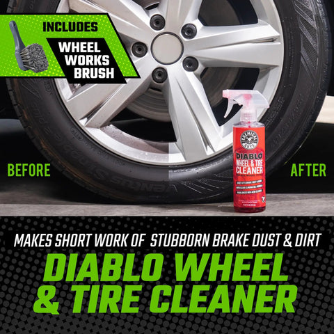 14 Piece Car Wash Arsenal Builder Kit With Foam Blaster Wash Bucket Towels Applicators And 16 Oz Soaps Waxes And Cleaners For Pro Grade Detailing That Works With Any Garden Hose includes wheel works brush and Diablo Wheel & Tire Cleaner shown with before and after effects on car wheel.