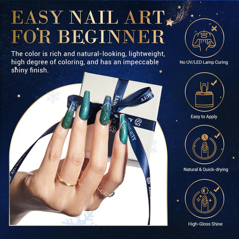 Hand holding gift box with green nails using Dope Dip Powder Nail Kit With 20 Color Changing Glitter Powders And Full Liquid Set