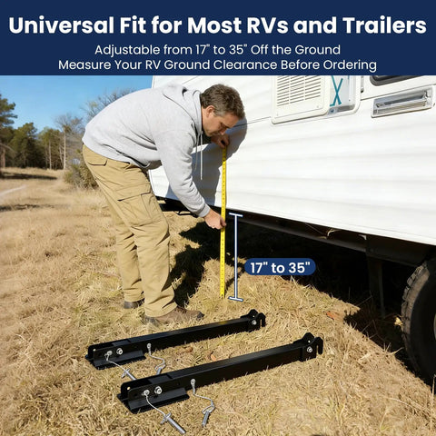 User measuring RV ground clearance with Beefy Heavy Duty Aluminum RV Stabilizer Mount for I Beam Adjustable 17 to 35 Inches