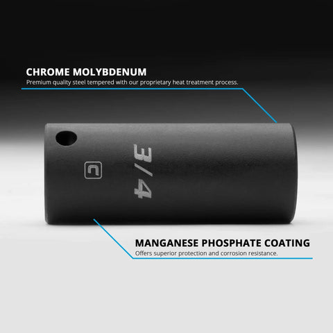 Chrome molybdenum steel socket with manganese phosphate coating from Three Eighth Inch Drive Shallow And Deep Impact Socket Set SAE.