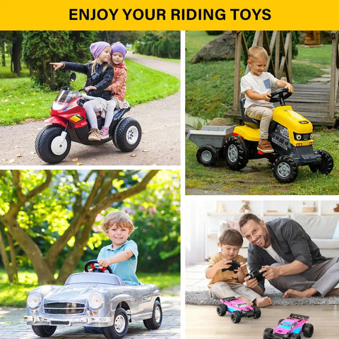 Children riding toy cars and trucks outdoors; a family with RC car, ideal for Universal Battery Adapter For 20V And 18V Drill Packs.