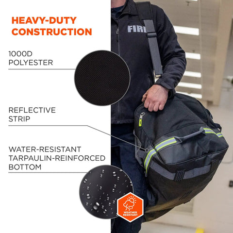 Man carrying Arsenal 5008 Firefighter Turnout Gear And Safety Duffel Bag with 1000D polyester exterior and reflective strips