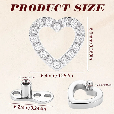 Top Shelf G23 Titanium Dermal Piercing Kit Solid 14 Gauge Surface Implant Anchor Silver Heart Cz top view with dimensions shown
