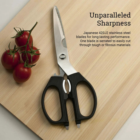 Heavy Duty Kitchen Shears For Home Cooks And Pro Chefs, Multipurpose Scissors With Detachable Blades For Easy Cleaning, Durable 420J2 Stainless Steel, Built To Tackle Tough Tasks Like A Boss In The Kitchen on wooden board with tomatoes