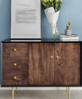 Cabinet with Brushed Gold Solid Brass Cabinet Knobs in modern room setting, featuring drawers and doors, 5 Pack 1.18 Inch Diameter.