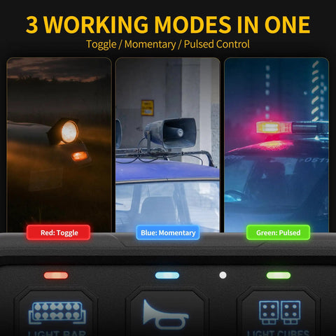 6 Gang RGB Backlit Rocker Switch Panel Kit With Control Box For 12V And 24V Vehicles showing toggle, momentary, pulsed modes