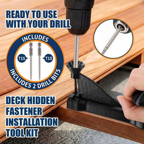 Heavy Duty Hidden Fastener Decking Tool Kit Packs Premium Stainless Steel Screws And Precision Drill Bits in use with drill and clips.