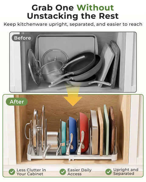 Adjustable Bakeware Organizer Pot Lid Holder Rack for Pots, Cake Molds, Cutting Boards, Mats and Cookware Storage in cabinet before and after tidying with extendable width from 12.6 to 21.5 inches, 7.7 inch deep.