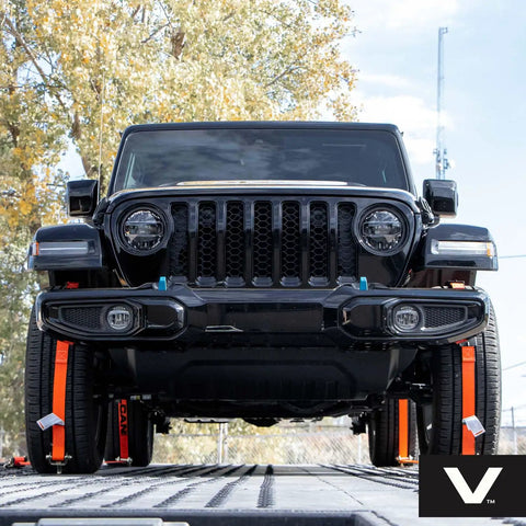 Beefed Up Auto Hauler Tie Down Straps With Rolling Idler, 3 Cleat System, securing jeep on flatbed, 120 Inch Length, PRO Series.