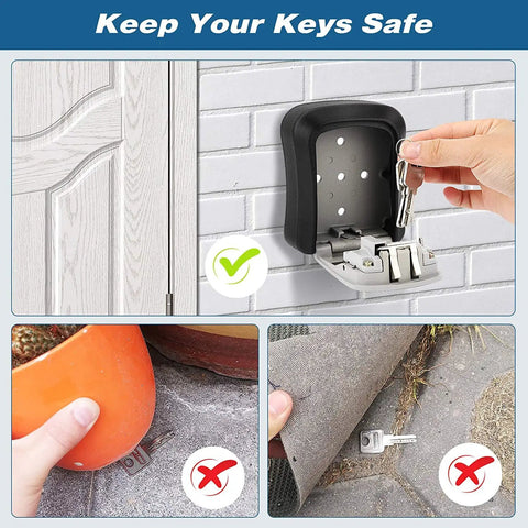 Hand using key with Five Key Wall Mounted Lock Box With Waterproof Seal Outdoor Ready Easy To Use Combination Safe.