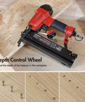 18 Gauge Pneumatic Brad Nailer And Crown Stapler 2 In 1 Nail Gun with depth control wheel on wood surface