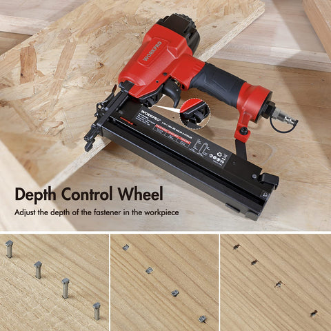 18 Gauge Pneumatic Brad Nailer And Crown Stapler 2 In 1 Nail Gun with depth control wheel on wood surface