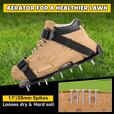 Lawn Aerator Shoes With 1.1 Inch Spikes Adjustable Straps Universal Fit, spiked sandal on grass with soil diagram