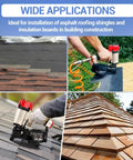 Lightweight Pneumatic Roofing Nailer 15 Degree Coil Nail Gun slides between rafters installing asphalt shingles on a steep roof.