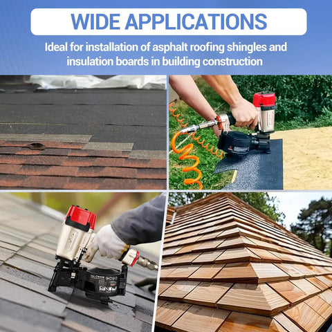 Lightweight Pneumatic Roofing Nailer 15 Degree Coil Nail Gun slides between rafters installing asphalt shingles on a steep roof.