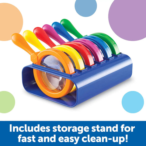 Six Jumbo Science Magnifiers With Stand For Kids Ages 3 Plus in colorful storage stand, ideal classroom observation tools.