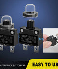 Premium 5 Pack Thermal Circuit Breaker With Auto Reset Function 5 Amp Overload Protector Switch Handles 125V And 250V AC showing waterproof button cap.